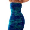 Women's Tie Dye Strapless Backless Bandeau Pencil Dress Knit Mesh Bodycon Tube Dresses Ruched Mini Dress