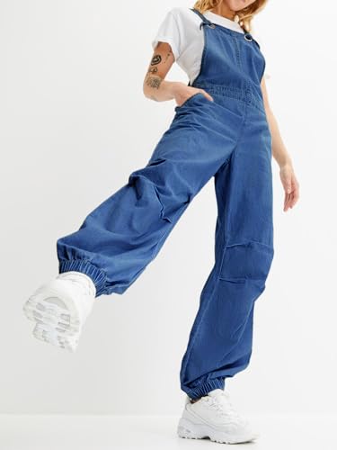 Womens Baggy Denim Overalls Loose Fit Lantern Jogger Leg Jean Jumpsuit with Pockets