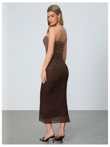 Women's Mesh Strapless Ruched Bodycon Maxi Dress Wedding Guest Prom Cocktail Summer Y2k Long Tube Dresses
