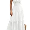 Women's Summer Strapless Maxi Dress 2025 Off Shoulder Hollow Out Smocked A Line Tube Tiered Long Dresses