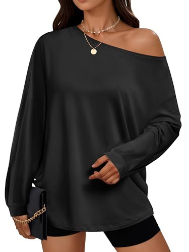 Womens Oversized Off The Shoulder Tops Fall Casual Lantern Long Sleeve T Shirts Trendy Loose Fit Tunics