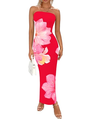Women Summer Strapless Maxi Dress Bodycon Floral Sexy Long Wedding Guest Dress Formal Tube Mesh Cocktail Dresses