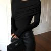 Womens Long Sleeve Pleated Tops Fall Crew Neck Fitted Shirts Y2k Going Out Casual Ruched Blouse