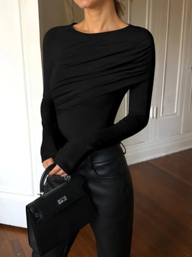 Womens Long Sleeve Pleated Tops Fall Crew Neck Fitted Shirts Y2k Going Out Casual Ruched Blouse