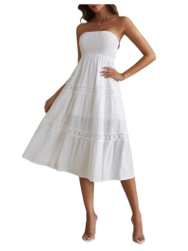 Women's Floral Lace Midi Tube Dress Strapless Shirred A Line Flowy Beach Vacation Dresses