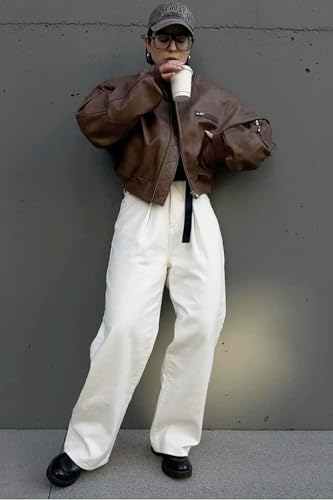 Womens Faux Leather Bomber Jackets Baseball Collar Zip Up Cropped Biker Coat with Pockets