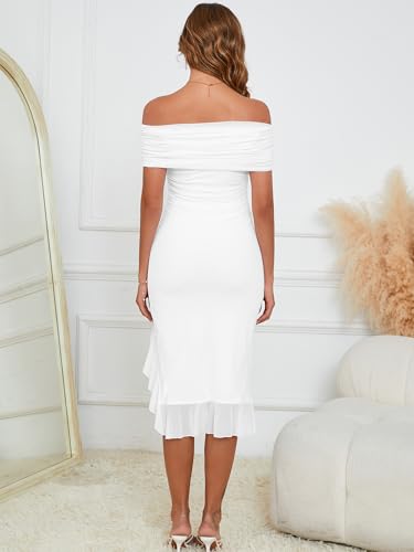 Women's Sexy Off The Shoulder Bodycon Midi Dresses Elegant Ruched Ruffle Hem Cocktail Party Dress