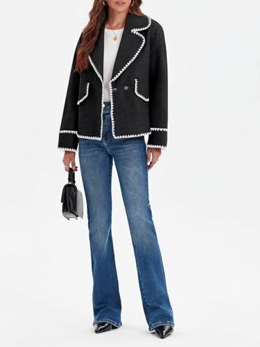 Womens Cropped Wool Jacket Embroidered Contrast Trims Blazer Fall Short Pea Coat with Pockets