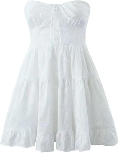 Women's Summer White Sexy Dress Strapless Sleeveless High Waist Slim Fit A-Line Party Club Dresses
