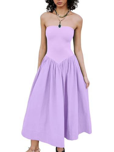 Women's Summer Strapless Dress Solid Hot Shot Off Shoulder Sundresses Flowy Long Casual Dress for Beach Purple