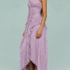Women Chic Pleated Halter Neck Long Strapless Lotus Edge Vacation Maxi Dress
