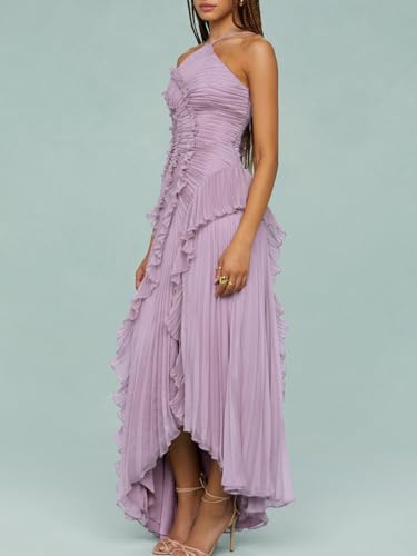 Women Chic Pleated Halter Neck Long Strapless Lotus Edge Vacation Maxi Dress