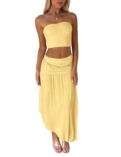 Two Piece Skirt Set for Women - 2 PC Summer Beach Vacation Outfits Going Out Strapless Tube Crop Tops Boho Maxi Skirts Sets