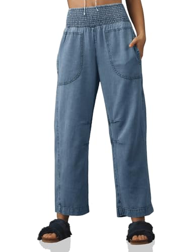 Womens Smocked Barrel Jeans Casual Trendy High Waisted Baggy Pull On Denim Pants