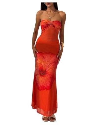 Women's Floral Twist Front Mesh Tube Dress Elegant Strapless Fishtail Maxi Dresses
