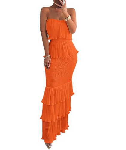 Women's Tube Top Ruffled Tiered Maxi Dress Sleeveless Backless Bodycon Smocked Shirred Party Holiday Long Dress