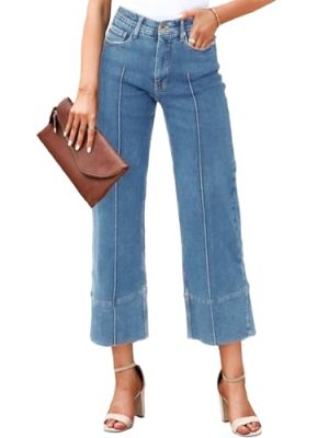 Womens Baggy Wide Leg Cropped Jeans Casual High Waisted Loose Vintage Denim Pants with Pockets