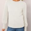 Womens Crew Neck Long Sleeve Sweater Trendy Casual Scallop Trim Fall Knit Lightweight Pullover Tops