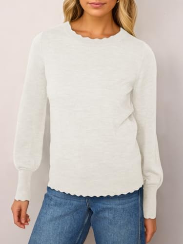 Womens Crew Neck Long Sleeve Sweater Trendy Casual Scallop Trim Fall Knit Lightweight Pullover Tops