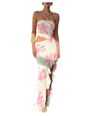 Women's Floral Cut Out Vacation Dress Ruffle Asymmetrical Strapless Sundress Long Dresses