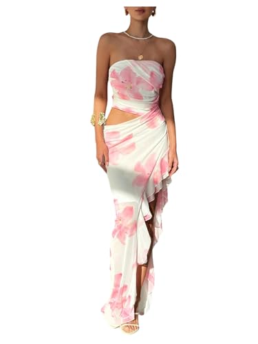 Women's Floral Cut Out Vacation Dress Ruffle Asymmetrical Strapless Sundress Long Dresses