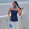 Womens Strapless Tube Tops Fitted Ribbed Knit Y2K Going Out T Shirts Summer Side Zipper Backless Bandeau Tops