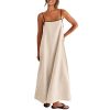 Women's 2025 Summer Linen Maxi Dress Contrast Spaghetti Strap Dress Backless Sleeveless Casual Party Beach Dresses