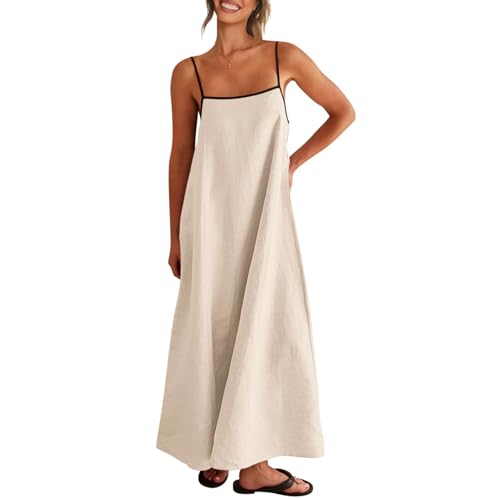 Women's 2025 Summer Linen Maxi Dress Contrast Spaghetti Strap Dress Backless Sleeveless Casual Party Beach Dresses