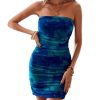 Women's Tie Dye Strapless Backless Bandeau Pencil Dress Knit Mesh Bodycon Tube Dresses Ruched Mini Dress