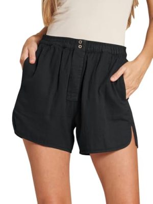 Womens Summer Cotton Shorts Casual Elastic High Waisted Pleated Cute Trendy Comfy Beach Pants