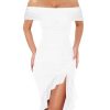 Women's Sexy Off The Shoulder Bodycon Midi Dresses Elegant Ruched Ruffle Hem Cocktail Party Dress