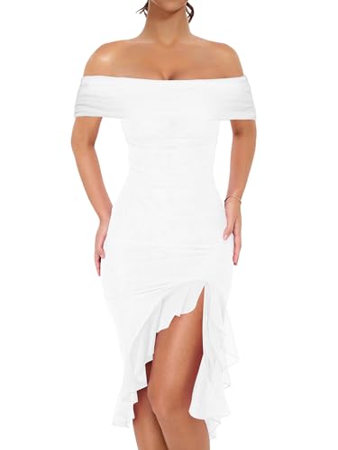 Women's Sexy Off The Shoulder Bodycon Midi Dresses Elegant Ruched Ruffle Hem Cocktail Party Dress