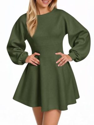 Womens Puff Long Sleeve Sweater Dresses Casual Trendy A-Line Short Mini Dress Fall High Waisted Skater Dress