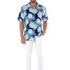Matchable Couple Hawaiian Luau Shirt or Butterfly Dress in Pacific Palm Navy