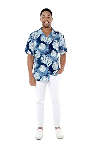 Matchable Couple Hawaiian Luau Shirt or Butterfly Dress in Pacific Palm Navy