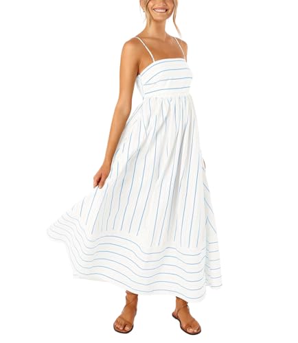Women's Striped Back Smocked Maxi Dress Sexy Spaghetti Strap Cut Out Flowy Swing Long Dress