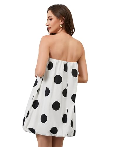 Women’s Polka Dot Bubble Mini Dress Strapless Backless Loose Fit Tube Dress Elegant Pleated Elastic Beach Dress