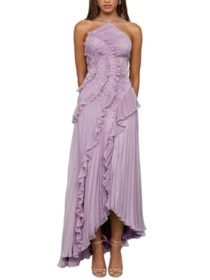 Women Chic Pleated Halter Neck Long Strapless Lotus Edge Vacation Maxi Dress