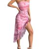 Women's Floral Print Strapless Asymmetrical Bodycon Midi Dress Ruffle Ruched Summer Beach Hawaiian Sundress
