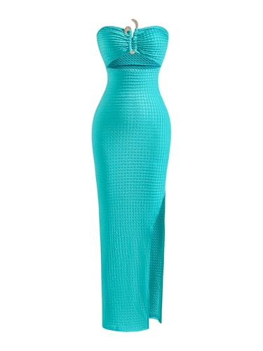 Women's Summer Cut Out Maxi Tube Top Dress Strapless High Split Bodycon Beach Vacation Dresses
