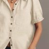 Womens Puff Short Sleeve Button Down Shirts Summer Casual Collared V Neck Blouse Linen Loose Fit Work Tops