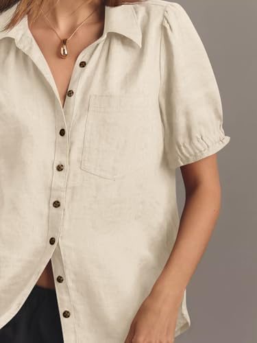 Womens Puff Short Sleeve Button Down Shirts Summer Casual Collared V Neck Blouse Linen Loose Fit Work Tops