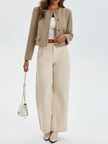 Womens Cropped Tweed Blazer Collarless Button Down Bomber Jacket Business Casual Fall Outfits