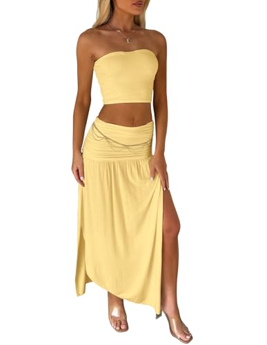 Two Piece Skirt Set for Women - 2 PC Summer Beach Vacation Outfits Going Out Strapless Tube Crop Tops Boho Maxi Skirts Sets