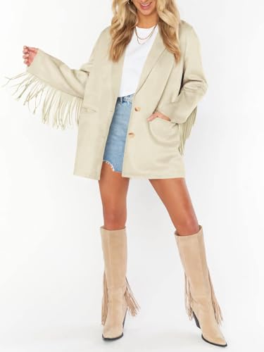 Womens Faux Suede Fringe Jacket Casual Blazer Long Sleeve Lapel Button Front Suit Jackets