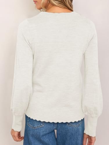 Womens Crew Neck Long Sleeve Sweater Trendy Casual Scallop Trim Fall Knit Lightweight Pullover Tops