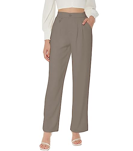 Women's High Waisted Work Pants Pleated Office Casual Straight Leg Dress Pants Trousers with Pockets