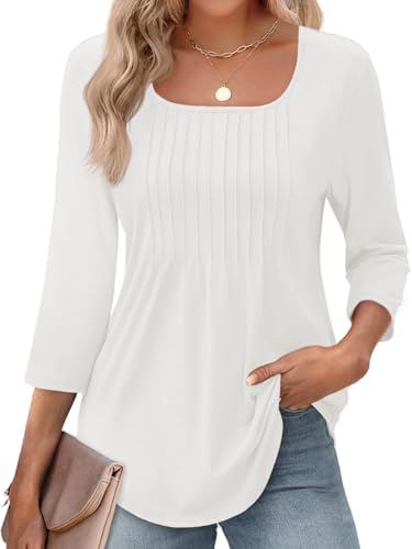 Womens 3/4 Sleeve Tunic Tops Square Neck Pleated Summer Blouses Dressy Casual Loose Fit T Shirts