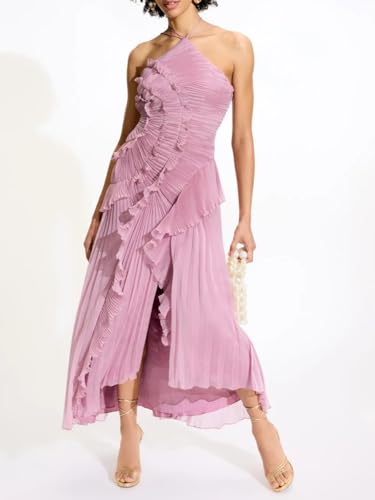 Women Chic Pleated Halter Neck Long Strapless Lotus Edge Vacation Maxi Dress