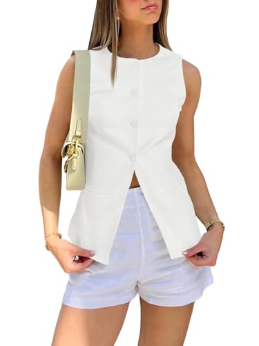 Womens Round Neck Waistcoat Vest Summer Button up Vest Tops Casual Business Fitted Sleeveless Blazer